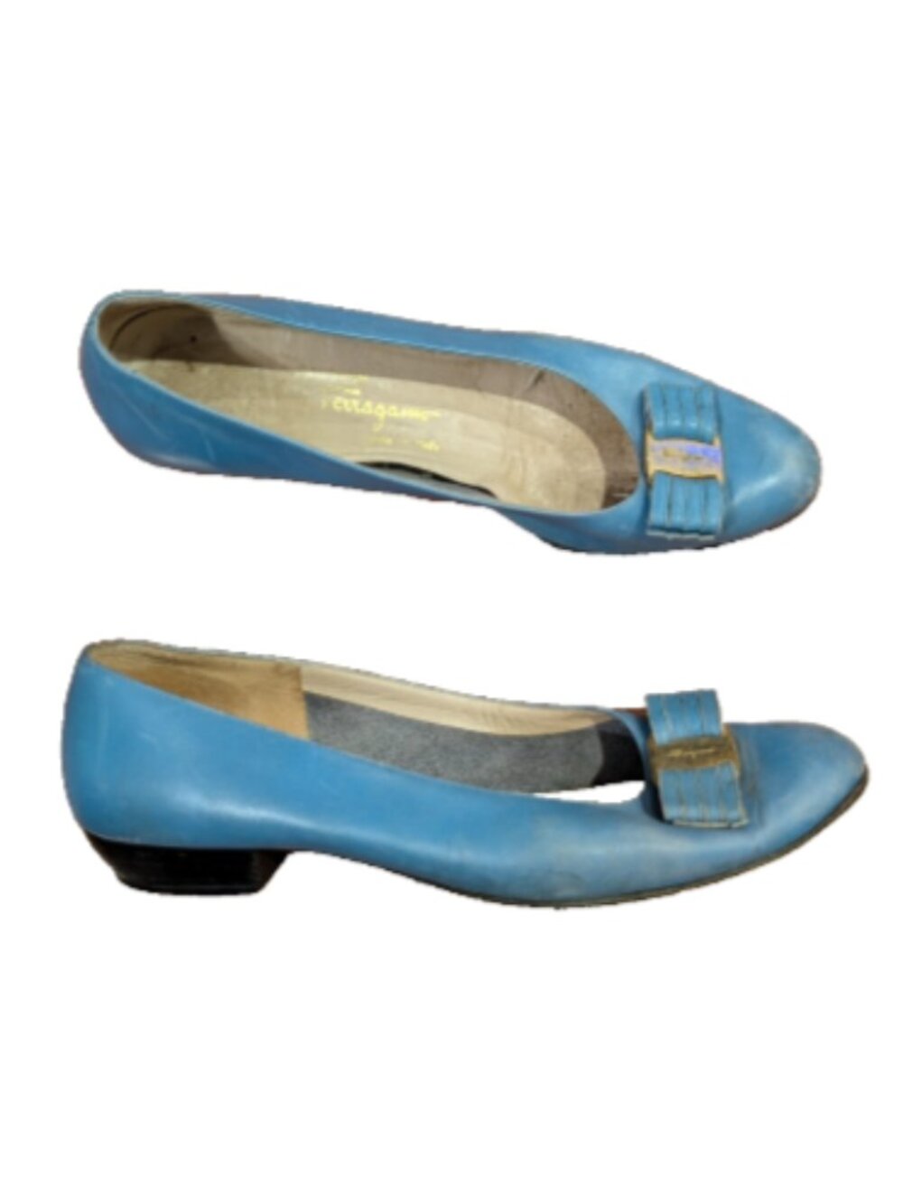 Vtg Salvatore Ferragamo Boutique Vera Blue Leather Bow Ballet Flat Size 9.5
